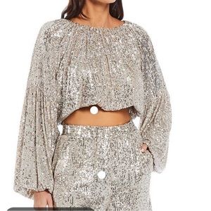 Gianni Bini Maurissa Sequin Round Neck long sleeve cropped top